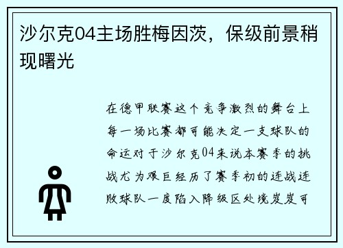 沙尔克04主场胜梅因茨，保级前景稍现曙光